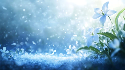 Delicate Blue Flowers Blooming in Winter Snow.