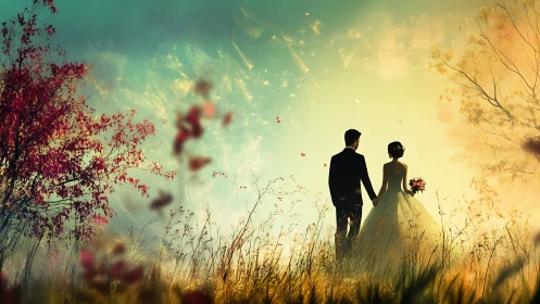 Silhouetted couple in floral field landscape.