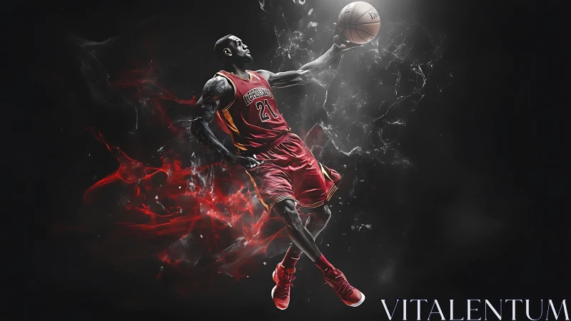 Soaring basketball player glides through swirling smoky light
