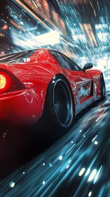 Red sports car is rendered in motion within light trails