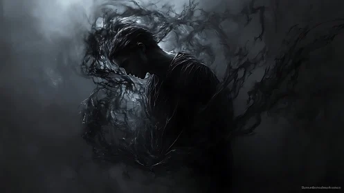 Shrouded figure dissolving into swirling shadow tendrils.