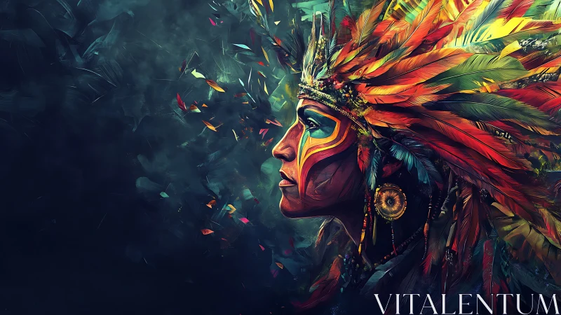 Profile portrait shows warrior in radiant feathered headdress