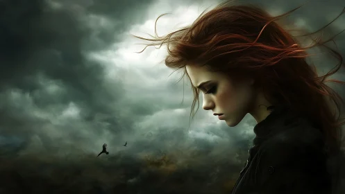 Profile view of a woman rendered against turbulent clouds