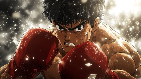 Athletic Boxer in Red Gloves Executing Aggressive Stance.