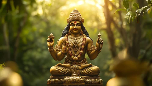 Sunlit forest crowns a serene golden Hindu deity in repose
