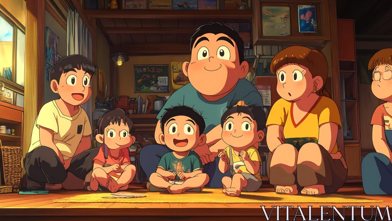 Warm family gathers on tatami floor in evening anime room