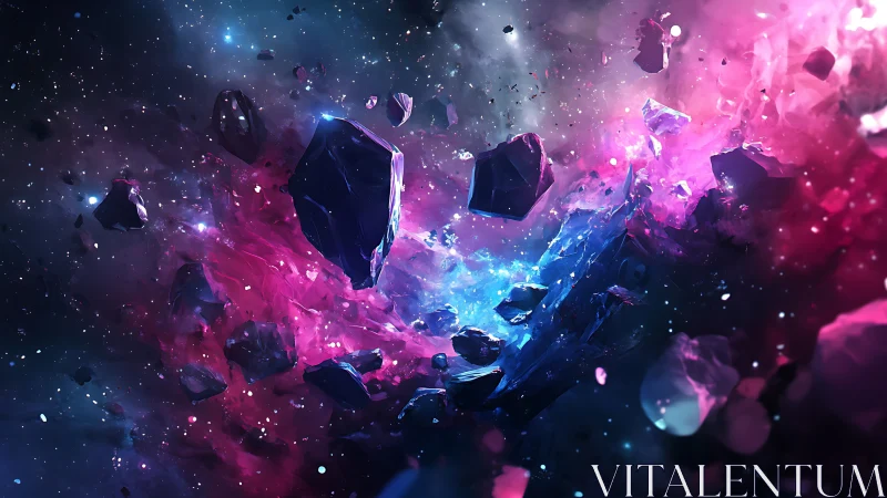 Cosmic crystal storm drifting through neon stardust skies.