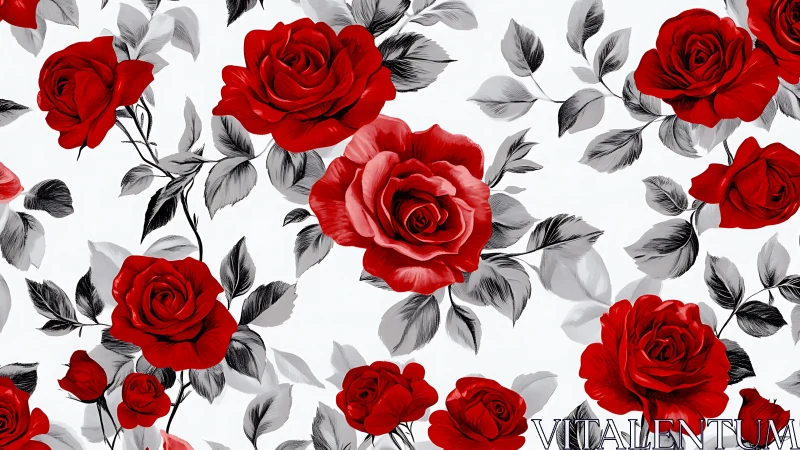Red roses with gray foliage arranged across white background surface.