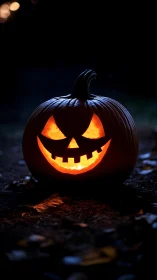 Glowing jack-o’-lantern grins warmly in the Halloween night