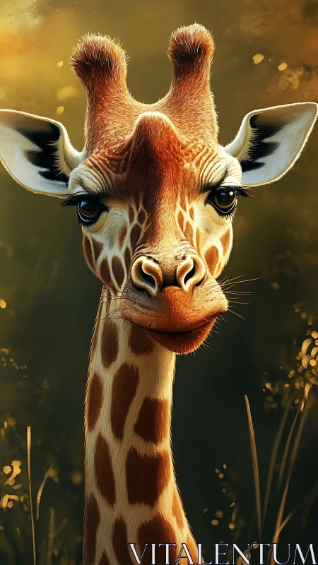 Photorealistic giraffe portrait with warm bokeh lighting.