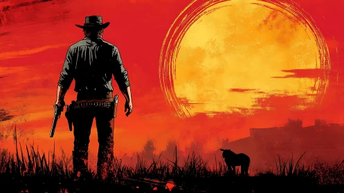 Cowboy and loyal dog beneath a burning western sun.