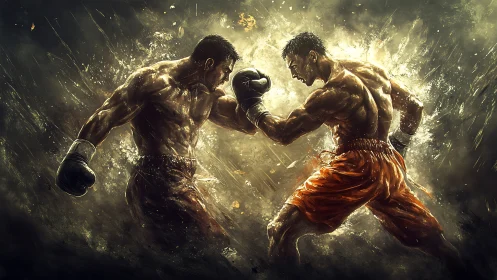 Two Boxers in Combat Fight Dramatic Golden Light.