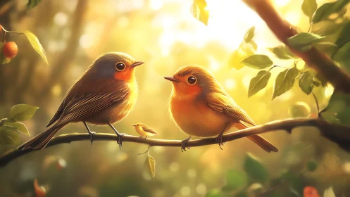 Two Robins on Sunlit Branch in Soft Painterly Style.