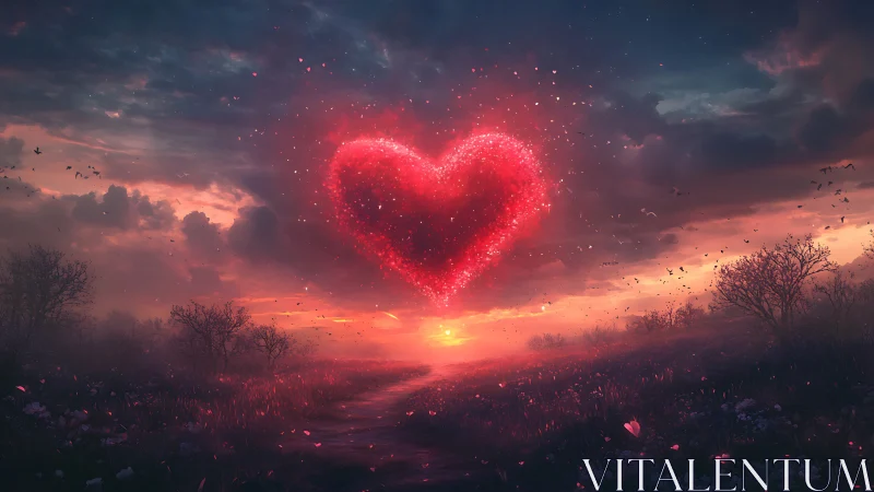 Luminous Red Heart Silhouette Against Sunset Sky with Particle Effects