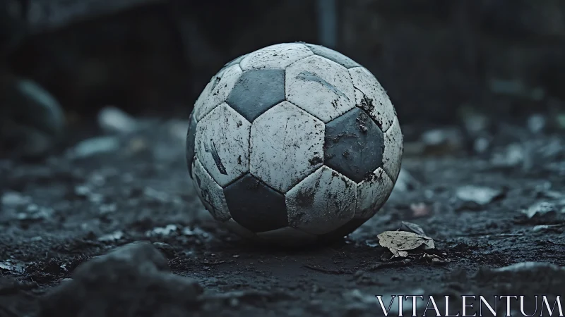 Weathered soccer ball resting on bleak muddy ground.