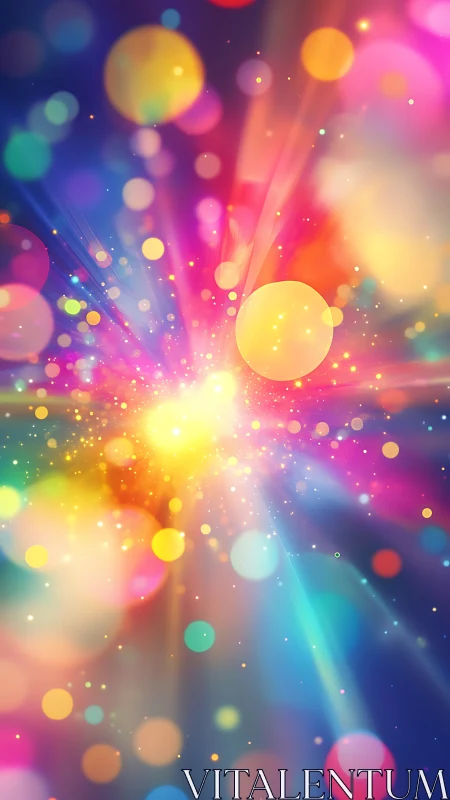 Radial light burst with multicolor bokeh particles and lens flare