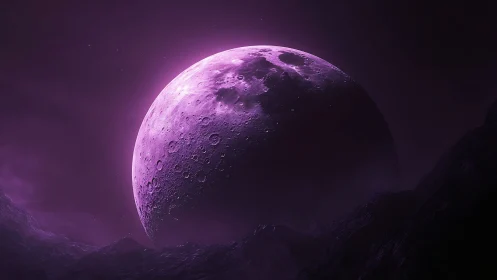 Luminous violet moonrise above shadowed alien craters.