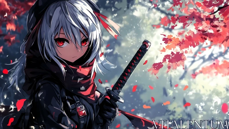 Crimson eyed swordswoman pauses under drifting autumn leaves