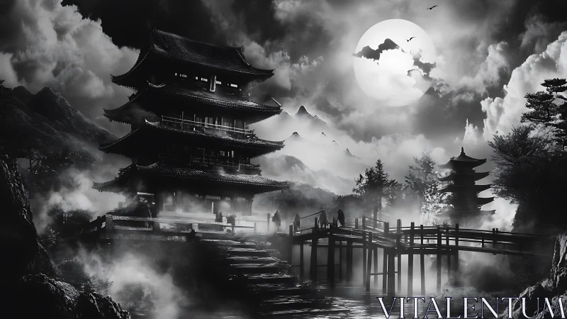 Moonlit pagoda landscape with bridge in misty mountains.