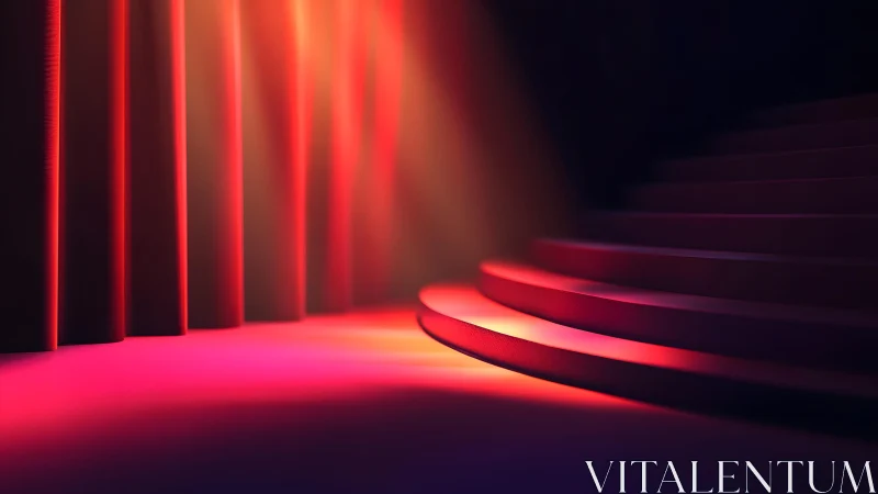 Dramatic red-lit theater stage with curved steps and curtains.