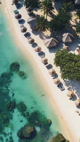Aerial Coastal Resort: Turquoise Waters and Thatched Cabanas.