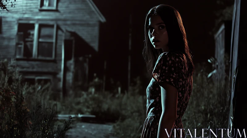 Moonlit girl pausing at the doorstep of an abandoned dread.