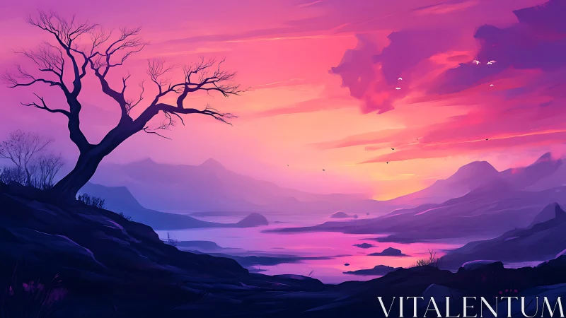 Twilight river hums beneath a solitary tree’s painted vigil