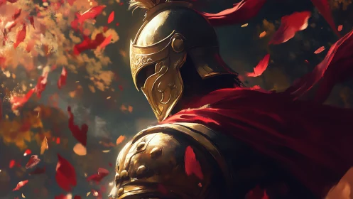 Golden armored warrior stands amid swirling crimson petals