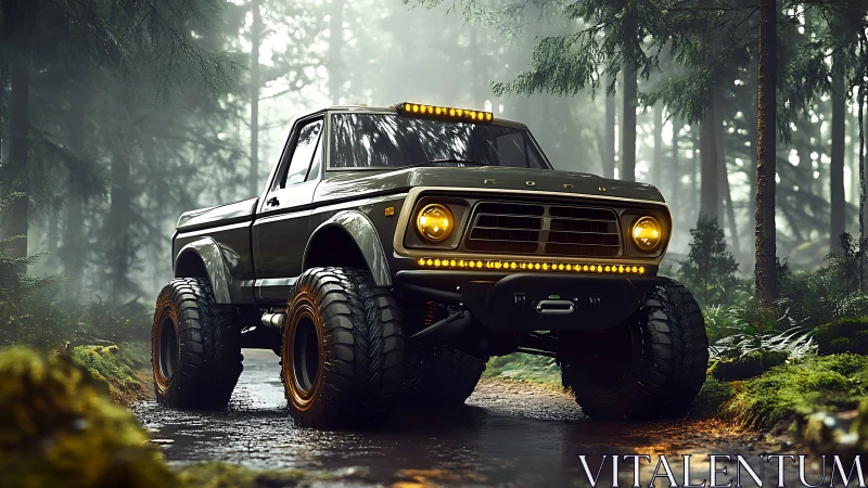 Lifted off-road pickup truck stands on muddy forest trail