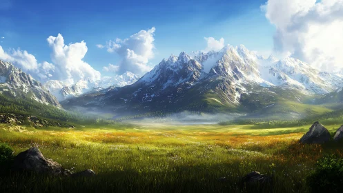 Sunlit alpine meadow opens toward distant snowy peaks