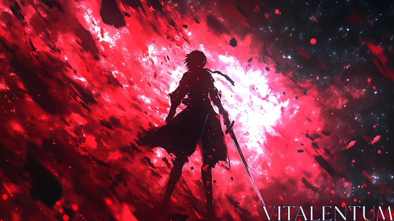 Lone sword warrior strides into a blazing cosmic red storm