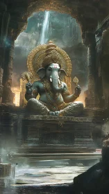 Elephant-headed deity statue in ruined stone temple interior.