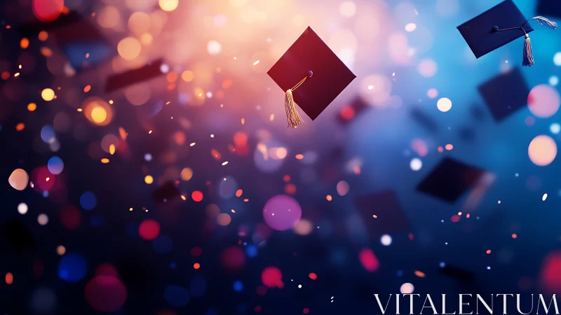 Joyful graduation caps soar among glowing celebration lights