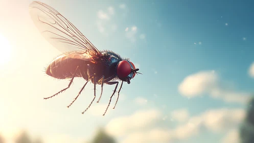 Macro housefly hovers sharply against bright summer sky