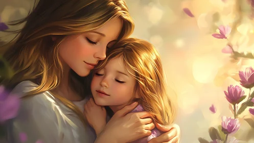 Golden-haired mother and daughter embrace in luminous garden.