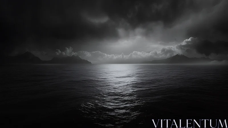 Monochrome seascape under dense storm clouds and distant land.