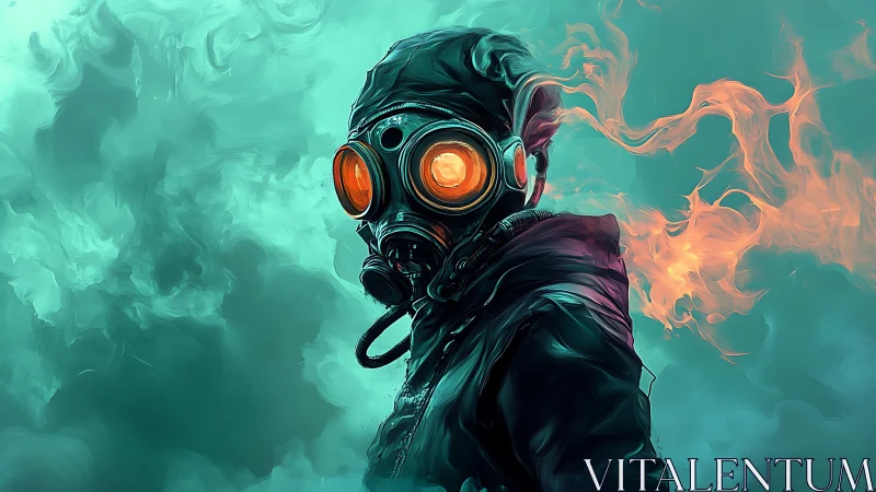 Luminous Wanderer in a Misty Neon Gas Mask Dreamscape.