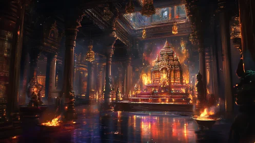 Luminous temple sanctum with volumetric firelit architecture.