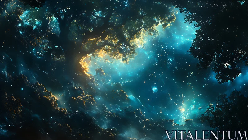 Star-filled night sky framed by dense silhouetted forest