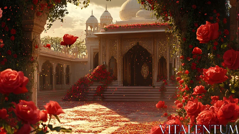 Courtyard frames domed pavilion with dense foreground roses