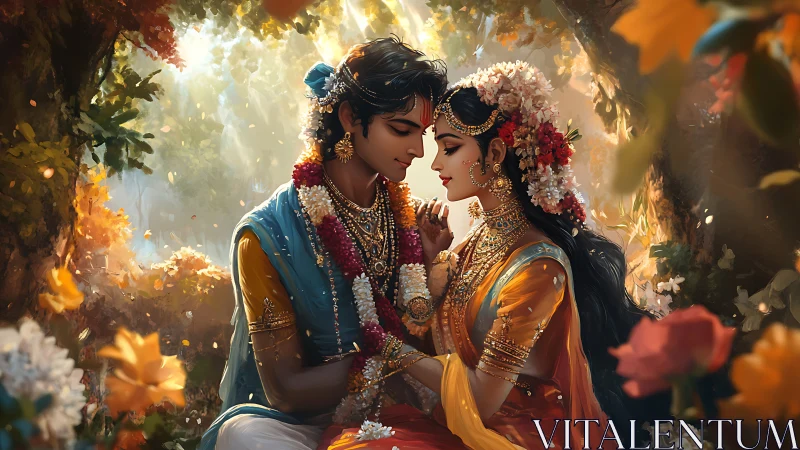 Digitally rendered figures in ornamental dress within botanical setting