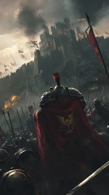 Armored warlord leading crimson legion toward burning citadel.