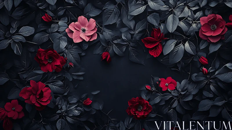 Dark blooms with crimson roses against moody midnight foliage