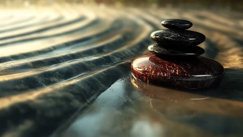 Zen stone stack on wet sand with glowing sunset light.