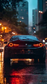 Cinematic rear-night cityscape with sports coupe reflections.