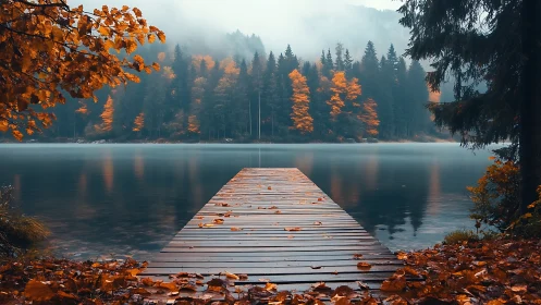 Misty autumn pier extends over tranquil forest lake.