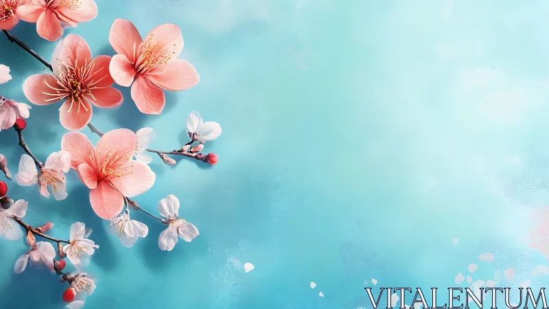 Peach cherry blossoms on turquoise blue background wall art.
