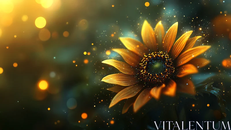 Sunflower glows through golden bokeh and night dust.