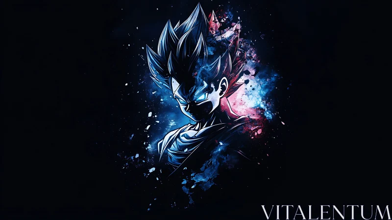 Electric blue warrior silhouette amid cosmic energy burst.