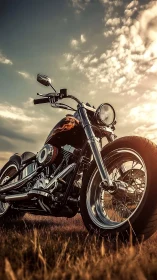 Low-angle cruiser motorcycle portrait under dramatic sky